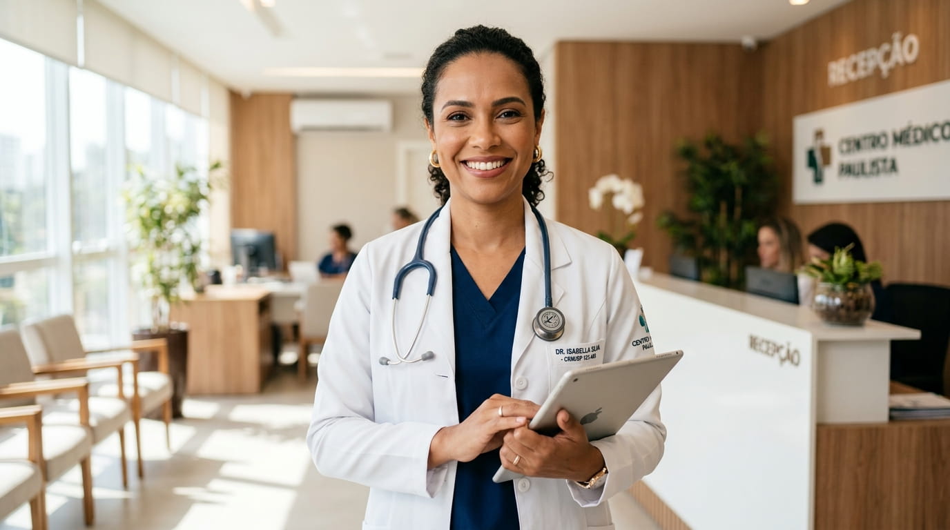 Médica profissional acolhedora prestando telemedicina